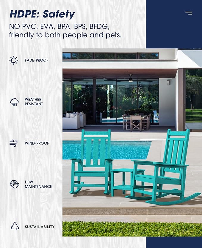 KINGYES Oversized Outdoor Rocking Chair, All-Weather Patio Rocking Chairs for Porch, HDPE Outdoor Patio Rockers with High Back & Wide Seat for Garden, Lawn, Aruba