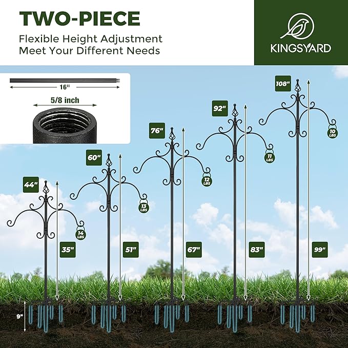 Kingsyard Double Shepherd Hooks for Outdoor - 92" Heavy Duty Decorative Bird Feeder Pole with 5-Prong Base, Adjustable Garden Pole for Hanging Bird Feeders Plants Solar Light Lantern, Black