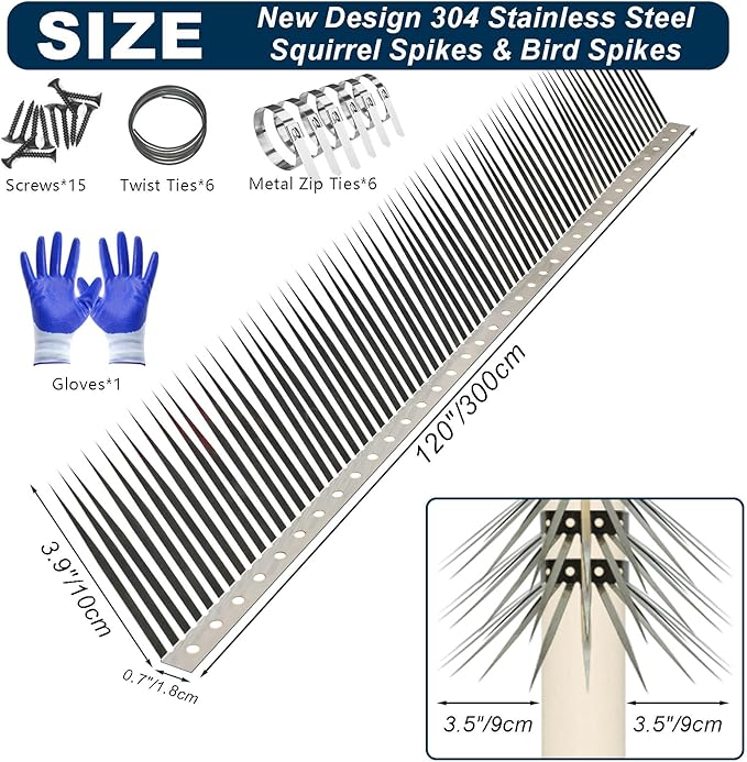 Bird Spikes, Squirrel Spikes and Squirrel Baffles Keep Raccoons, Cats and Snakes Away from Gardens, Fences and Climbing Bird Feeder Poles.(120 inches)