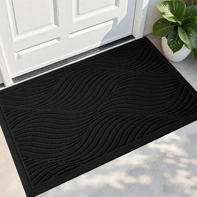 PLEASOR Front Door Mat Outside Entrance, Absorbent and Dirt Resistant Welcome Mat Indoor Outdoor, Non-Slip Backing Entry Mat, Fade Resistant, Easy Clean Low Profile Doormat for Entryway, 29x17, Black