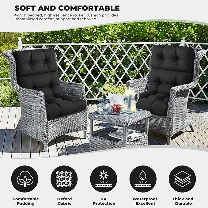 Outdoor/Indoor High Back Chair Cushion, Waterproof Outdoor Rocking Chair Cushion with Ties, Tufted Replacement Seat Cushions for Outdoor Furniture, Black