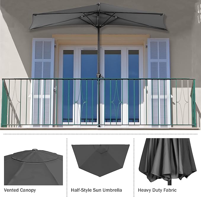 Half Umbrella Outdoor Patio Shade - 9 ft Patio Umbrella with Easy Crank - Small Canopy for Balcony, Table, or Deck by Pure Garden (Gray)