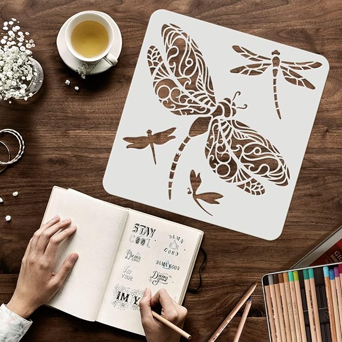 FINGERINSPIRE Dragonfly Stencils 11.8x11.8 inch DIY Garden Fence Stencils Plastic Summer Camp Dragonfly Pattern Stencil Reusable Large Decor Template for Painting on Wood Floor Wall