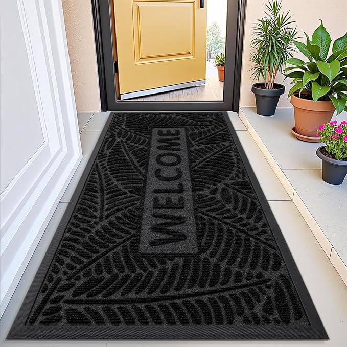 Smiry Welcome Mat Indoor Outdoor, All-Season Waterproof Front Door Mat, Sturdy Natural Rubber Doormat, Non-Slip, Easy Clean, Low Profile Dirt Trapper for Porch Patio Entrance, 71x23, Black