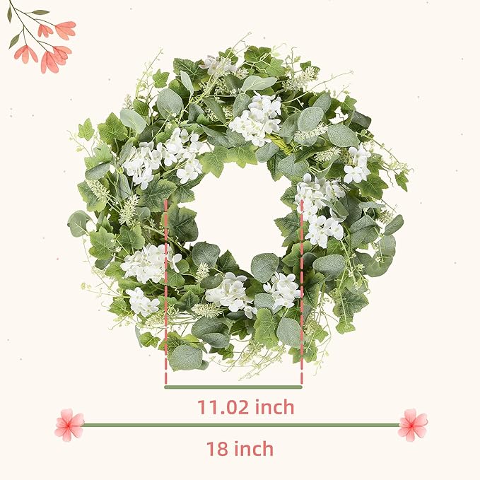 YNYLCHMX 18" Spring Summer Wreaths for Front Door, Artificial Wreath with White Flowers Grapevines Green Eucalyptus Leaves, Green Foliage Wreath for Wall Window Farmhouse Party Holiday Home Decor