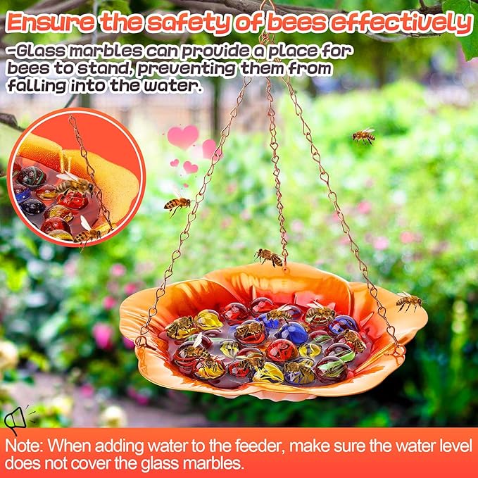 Bee Feeder with Vivid Hibiscus Design - Anti-Rust Iron Bee Watering Station for Feeding, Colorful Butterfly Bath Bowl Bee Cups with 30 Glass Marbles for Outdoor Yard Garden Decor Gifts (Orange)