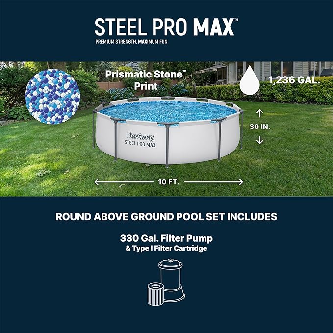 Bestway Steel Pro MAX 10' x 30" Above Ground Pool, Round Metal Frame Outdoor Swimming Pool Set with Filter Pump & Type I Cartridge, Gray