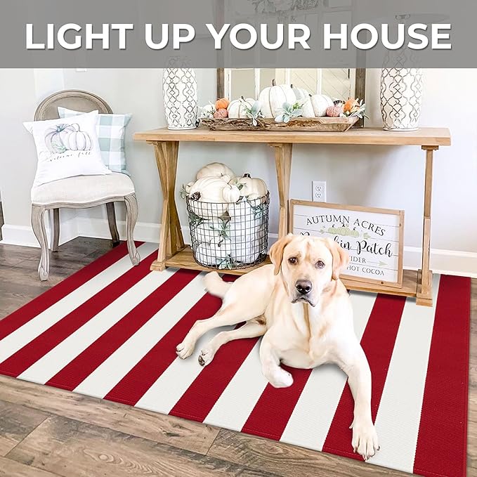 IOHOUZE Christmas Door mat 3x5 Ft Red White Striped Area Rug Washable Front Porch Rug Striped Door Mat Outside Entrance Entryway Doormat for Christmas, Winter Porch Decor