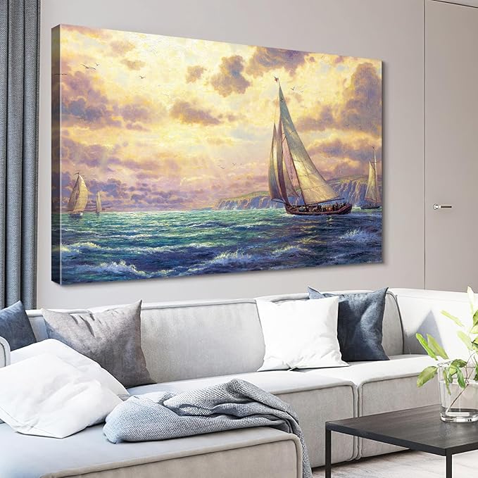 STUDIO HAVEN Thomas Kinkade Canvas Wall Art, Ocean Sailboats Golden Sunset Rushing Waves and Coastal Cliffs Oil Painting Poster Nautical Wall Decor, Framed Prints for Home Decor, 36x24Inch