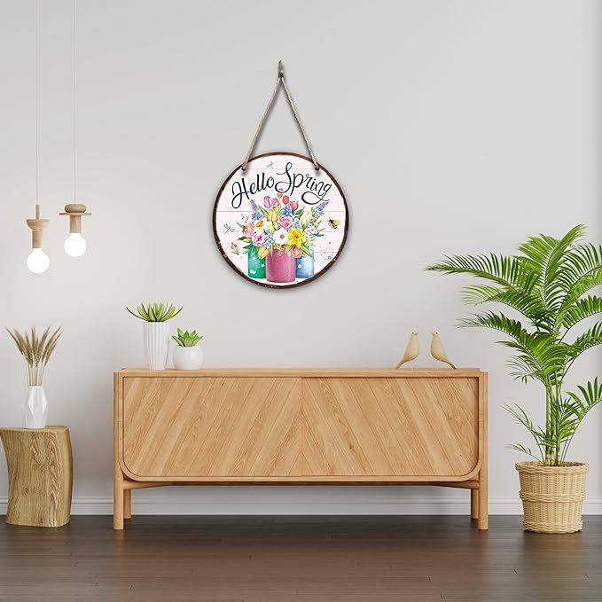 Spring Hanging Decor For Front Door, Mason Jar Flowers Welcome Spring Round Sign Decor For Farmhouse Home Yard Porch, Hello Spring Decorations, Spring Wall Plaque Gifts For Friends Family -03