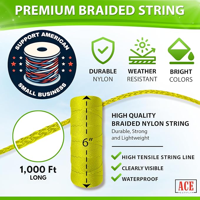 Yellow Mason Line String Line - 36 Roll Pack - #18 Braided Nylon String - 1000 Ft Length Per Roll - Nylon Twine for Gardening Or Masonry Tools - Perfect Construction String for A String Level