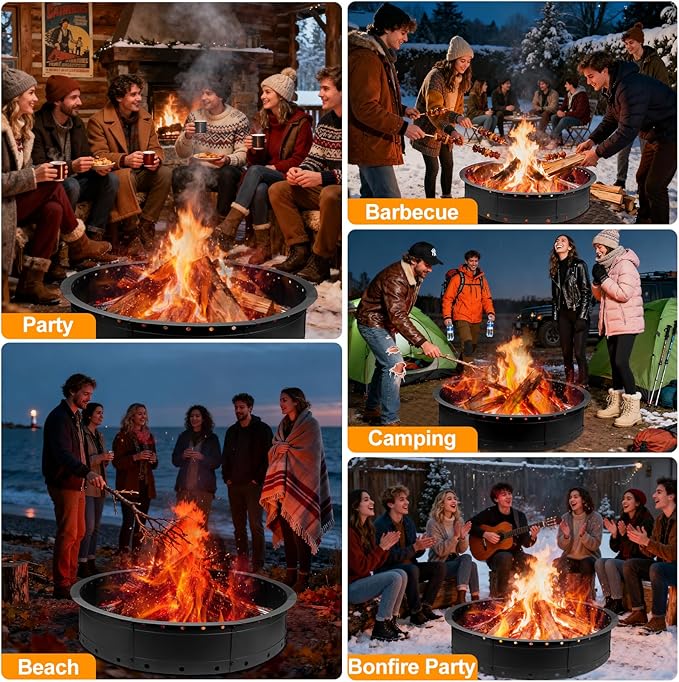 36 Inch Fire Pit Ring, Large Outdoor Campfire Pit for Patio Backyard Garden, Smokeless Steel Firepit with Air Vent for Efficient Burning & Anti-Rust Coating, Black Steel