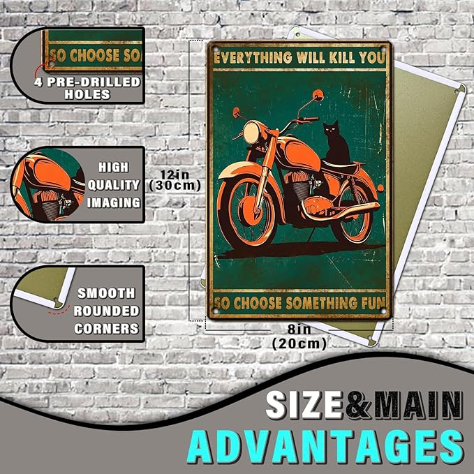 PEACHGARDEN Black Cat Metal Tin Sign Everything Will Kill You Choose Something Fun Retro Tin Signs Funny Motorcycle Sign for bar Coffee Shop Kitchen Home Wall Decoration Tin Sign 12x8inch