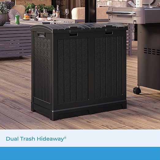 Suncast Dual Trash Hideaway Cabinet for Garbage and Recycle Bags, Discrete Outdoor Trash Cabinet with Concealed Trash Bag Holders, Holds Two 33-Gal. Bags, Made in the USA