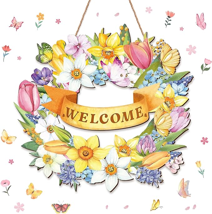 Spring Door Sign, 11.5" Flower Welcome Spring Door Hanger Decor for Front Door Rustic Flower Wall Pediments for Spring Easter Party Outdoor Indoor Front Door Decor