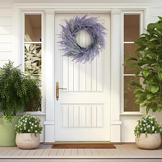 Lavender Summer Wreath for Front Door, 24 Inch Large Spring Summer Wreath Purple with Green Leaves for Grapevine Farmhouse Summer Wreaths Front Door Wall Window Party Decoration Home Décor