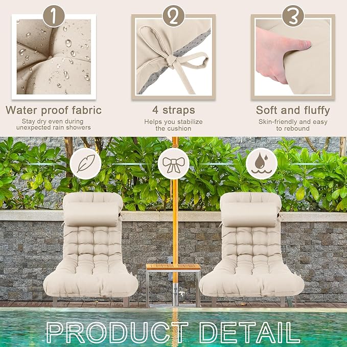 Tudomro 2 Pcs Light Beige 66'' Outdoor Chaise Lounge Cushion Waterproof Patio Lawn Pool Chaise Lounge Cushion with Headrest Pillow & Ties Weather Fade Resistant Replacement Longue Chair Pad