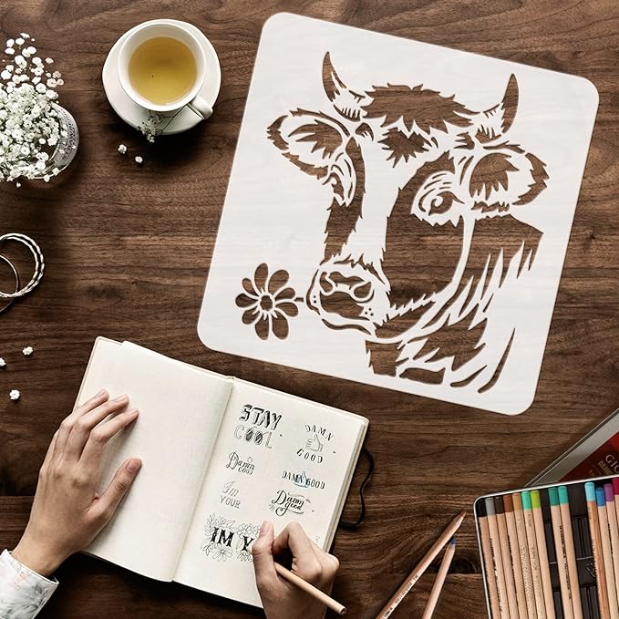 FINGERINSPIRE Cow Flower Stencil - 11.8x11.8inch Reusable Cow Head Stencil with Flower Design for Painting on Wood, Floor, Furniture, Wall and Paper