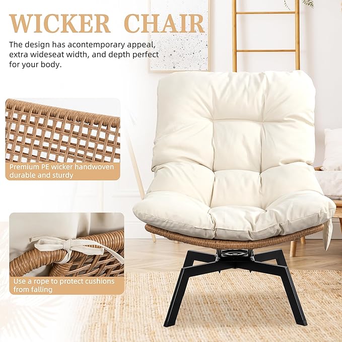 Vongrasig Swivel Wicker Chair PE Rattan Chair with Cushion, Oversized Patio Lounge Chair for Outdoor, Indoor, Balcony, Backyard, Garden, Living Room, Beige