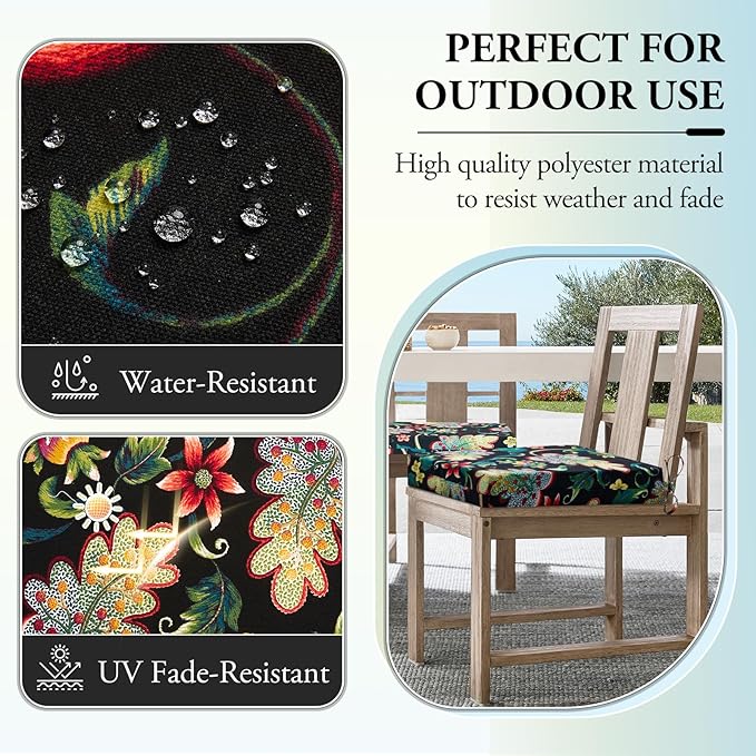 Wellsin Outdoor Chair Cushions for Patio Furniture - Outdoor Cushions for Chairs - Water Resistant Patio Chair Cushions Set of 4, 18.5"X16"X3", Flower Black