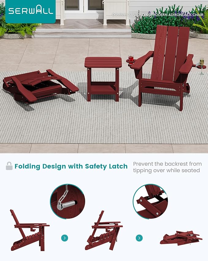 SERWALL Folding Adirondack Chair with Cup Holders, All Weather Resistant Modern Adirondack Chair Set of 2, HDPE Adirondack Chair Outdoor, Red