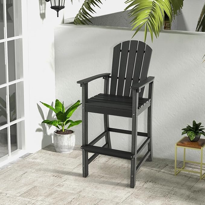 Giantex Outdoor HDPE Bar Stool, Tall Adirondack Chair with Armrests and Footrest, 30 Inches Counter Height Bar Stool for Garden, Backyard, Weather Resistance, Easy Maintenance (1, Black)
