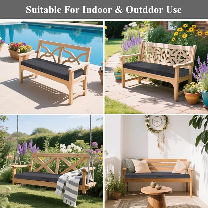 SHACOS Outdoor Bench Cushions 54 x 16 Inch, 3.2 Inch Thick High-Density Bench Cushion, Waterproof & Fade-Resistant Removable Cover with Ties, Bench Seat Cushions for Patio Garden Furniture, Dark Gray