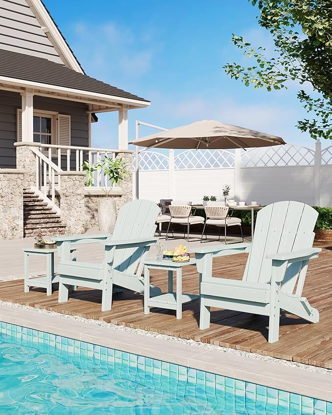 GarveeLife Folding Adirondack Chairs, HDPE Outdoor Patio Chairs All Weather Resistant with Wood Texture for Fire Pit, Deck, Patio, Pool, Backyard - Light Blue