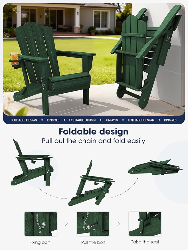 KINGYES Folding Adirondack Chair, HDPE All-Weather Patio Chairs, Wooden Textured Lawn Chair for Poolside, Backyard, Deck, Fire Pit, Green