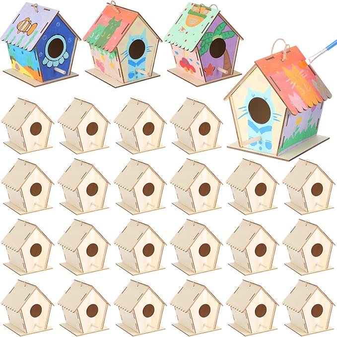 12 Pack 4.3" Wooden Bird Houses Bulk for Kids with Front Perch Peg, DIY Kid Art Craft Outdoor Birdhouse Kit Unfinished Hanging Birdhouse Class Activity for Girls Boys to Build and Paint