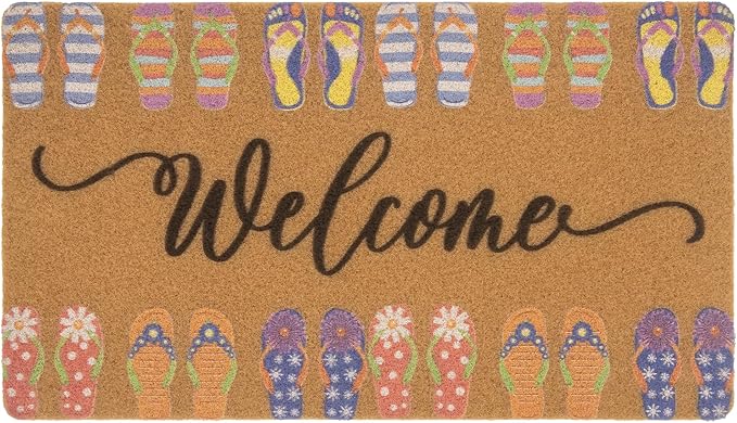 Summer-Door-Mat Outdoor-Entrance Cute Slippers Welcome-Doormat Non Slip Coir Front Door Mat for Summer Home Decor 17 x 29 Inch