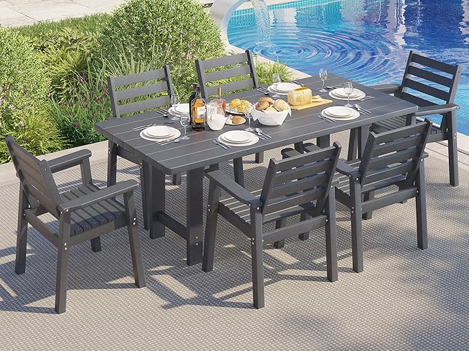 AMERLIFE 7-Piece HDPE Outdoor Dining Set with Umbrella Hole, 71" L Patio Table and Chairs Set for 6, Modern Garden Dining Set for Backyard, Poolside, Porch, Gray