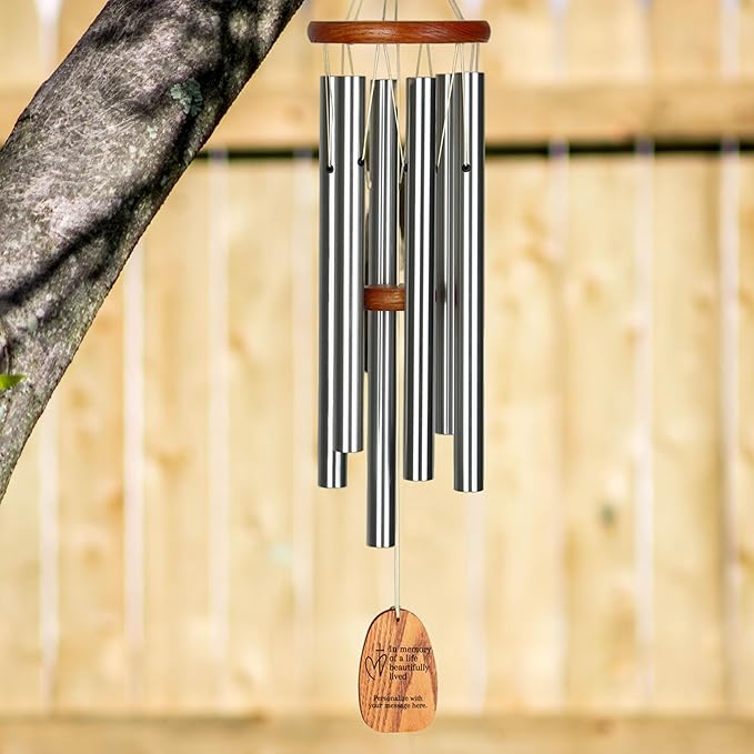 Woodstock Wind Chimes Personalized Amazing Grace Memorial Chime for Outside 24'' Medium Silver Sympathy Customized Heart Cross Inspirational Wind Chime for Outdoor Patio Home Garden Decor (P-AGMS27)