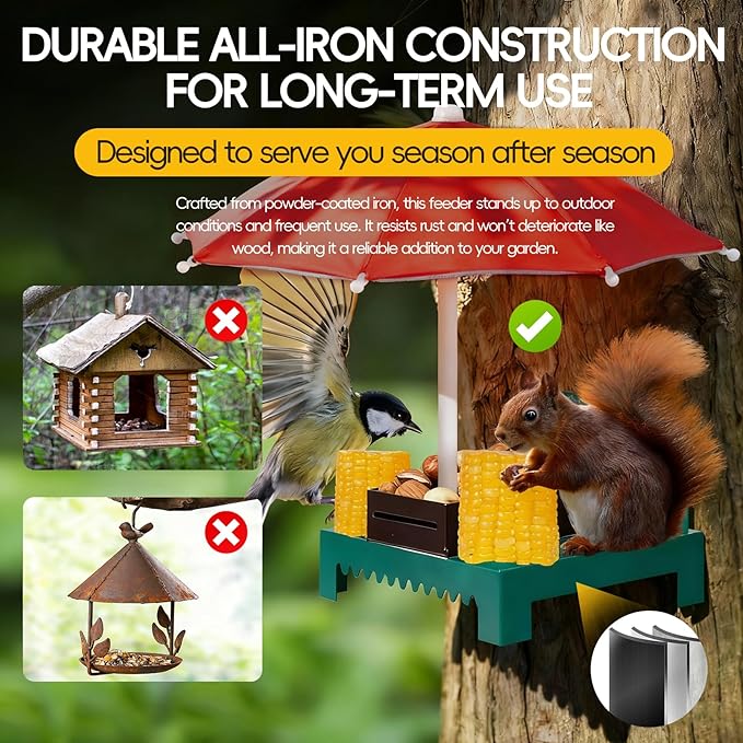 Metal Squirrel Feeder Picnic Table with Umbrella - Heavy Duty Iron Outdoor Chipmunk Feeder, Rust Resistant Corn Cob Holder, Funny Backyard Wildlife Gift for Nature Lovers. (RED)