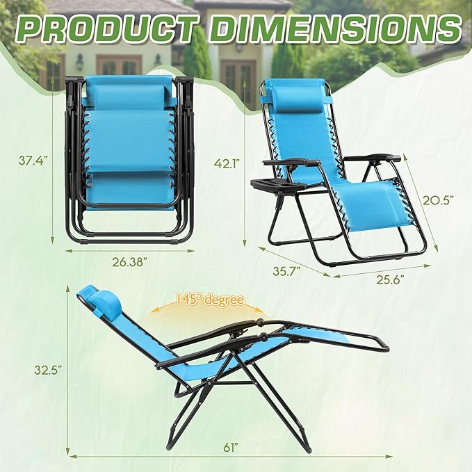 Devoko Patio Zero Gravity Chair Outdoor Folding Adjustable Reclining Chairs Pool Side Using Lawn Lounge Chair with Pillow Set of 2 (Blue)