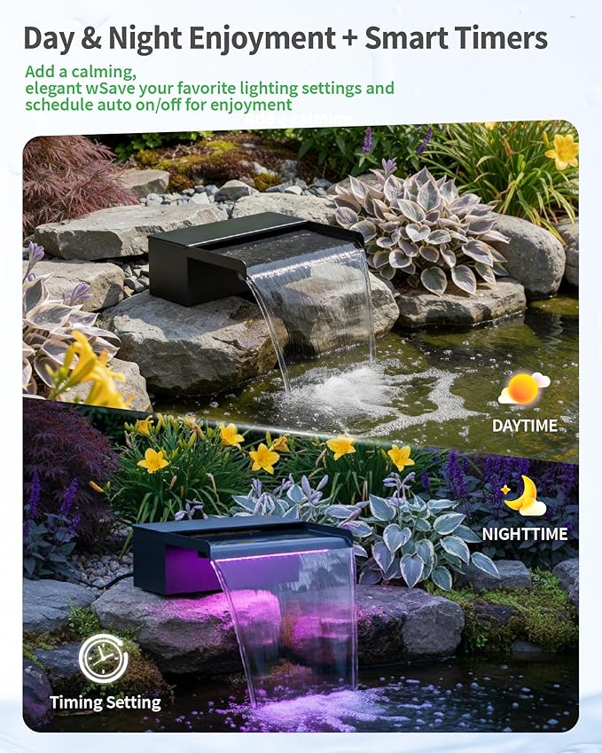 POPOSOAP 8inch Pond Waterfall Spillway with RGB LED Lights & 660GPH Pump Kit - APP/Remote Control, 304 Stainless Steel Pond Spillway with 9.8FT Tubing for Garden Ponds Landscape Water Features-P42DY