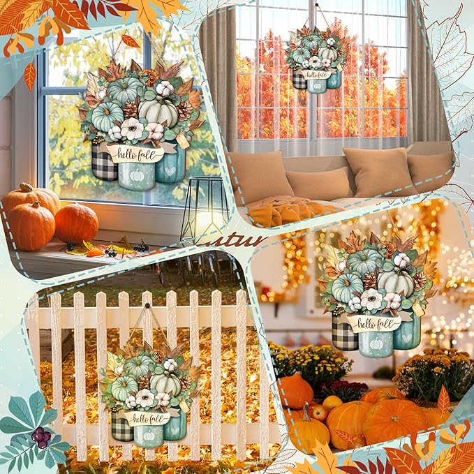 Boao Blue Thanksgiving Door Decorations for Home Thanksgiving Decor Pumpkin Plaid Hanging Sign Wooden Front Door Hanger for Autumn Harvest Fall Porch Indoor Outdoor Home Decorations