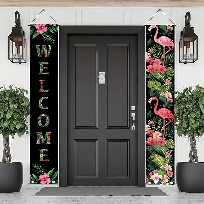 2pcs Black Pink Flamingo Door Banner Summer Hawaiian Porch Banners Sign Sunshine Hibiscus Floral Front Door Hanging Decor Banner for Seasonal Home Hawaii Tropical Party Outdoor Decorations