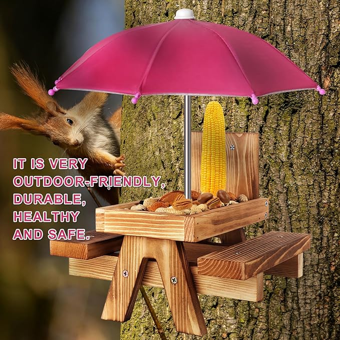 Gnodary Squirrel Feeder with Umbrella, Squirrel Feeders for Outside, Squirrel Picnic Table Feeder - Chipmunk Feeder Hold Corn, Corn Cob, Peanuts (Dark-Pink)