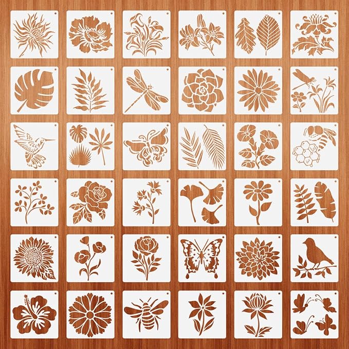 36sheet Flower Stencil Templates for Wood: Sunflowers, Butterflies, Birds, Leaves - Reusable 5 x 5 Inch Plastic Stencils