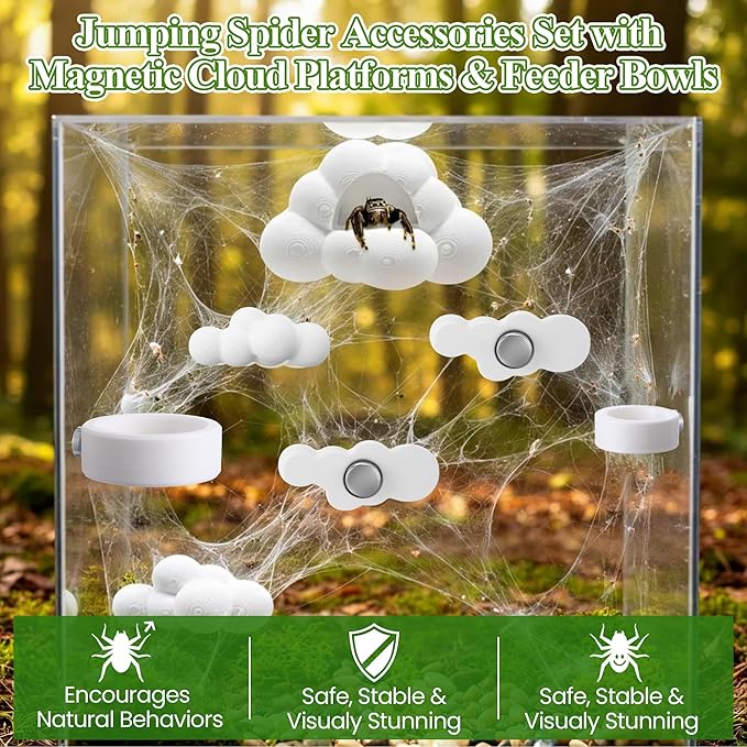 Jumping Spider Accessories Set with Magnetic Cloud Platforms & Feeder Bowls, Jumping Spider Enclosure Accessories for Climbing, Hiding & Feeding, 14 Pcs Magnets, Cute Spiders Habitat Decor