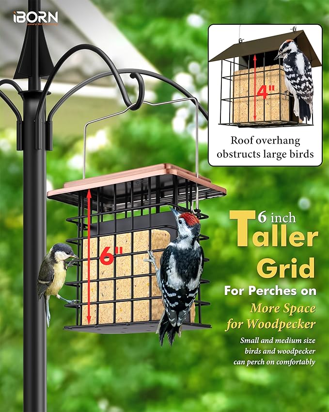 iBorn Double Suet Feeder- Metal Roof Bird Feeder with Taller Grid for Woodpeckers, Suet Cake Cage Bird Feeder for Outdoors Hanging,Easy-Clean & Refill,Metal Brushed Copper（Pack of 1）