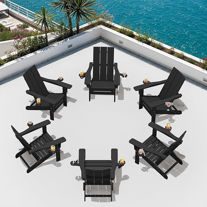 SERWALL Adirondack Chair Set of 6 with Dual Cup Holders, Folding Modern Adirondack Chairs, HDPE Outdoor Adirondack Chair for Patio, Black