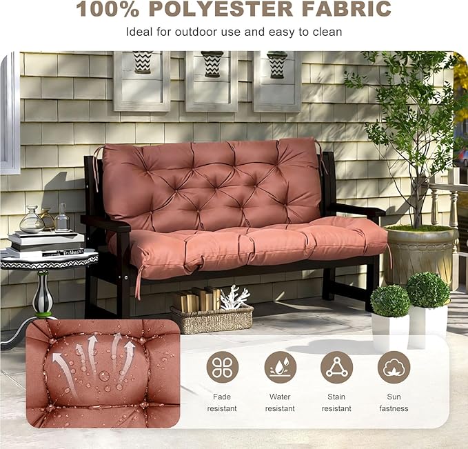 Porch Swing Cushion with Backrest,Waterproof Bench Cushion for Outdoor Furniture,2-3 Seater Replacement Thickened Swing Cushion with Ties,Patio,Outdoor,Backyard and Garden (Coffee,47x40)
