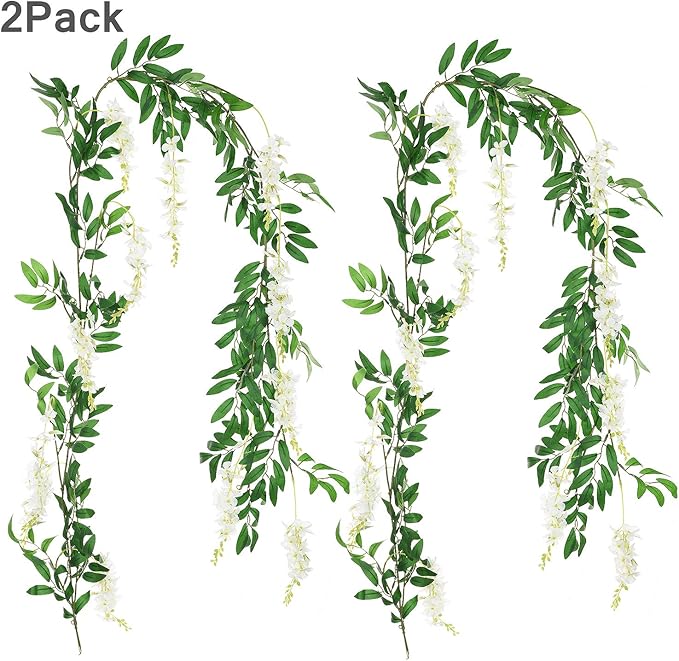 DearHouse 2Pcs 6Ft/Piece Artificial Flowers Wisteria Garland Artificial Wisteria Vine Hanging Flower Greenery Garland for Home Garden Outdoor Wedding Arch Floral Decor (White)