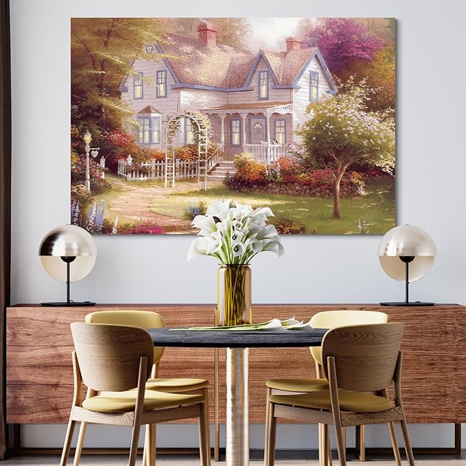 STUDIO HAVEN Thomas Kinkade Canvas Wall Art, Garden Cottage White Picket Fence Flower Archway Lush Bloom Oil Painting Poster Charming Countryside Wall Decor, Framed Prints for Home Decor, 28x20Inch