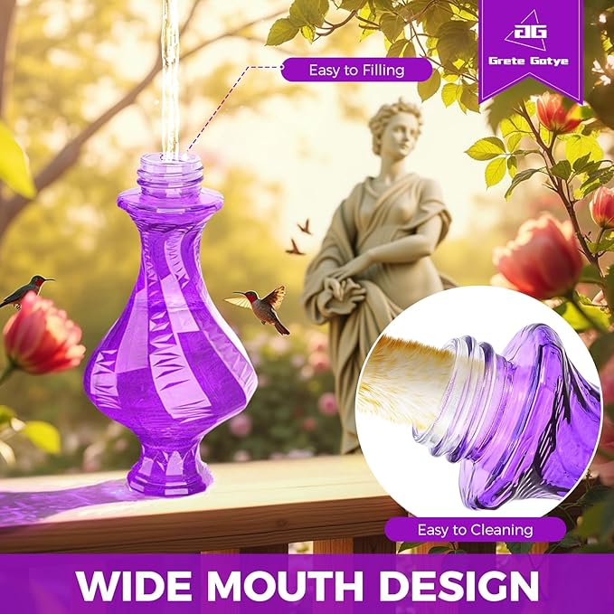 Glass Hummingbird Feeder for Outdoors Hanging, Bird Nectar Feeder with Perch & 5 Flower Feeding Ports, 20 Oz Leak Proof for Outside Garden Decor Backyard, Gifts for Women Mom, Purple