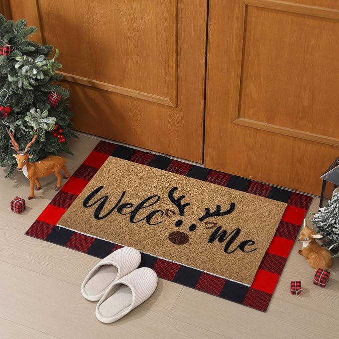 Tinideya 2 Pcs Christmas Door Mat Brown Elk Welcome Non Slip Coir Mats Merry Xmas Black Red Buffalo Plaid Floor Layering Doormats Seasonal for Front Porch Entryway Decor(Brown Elk)