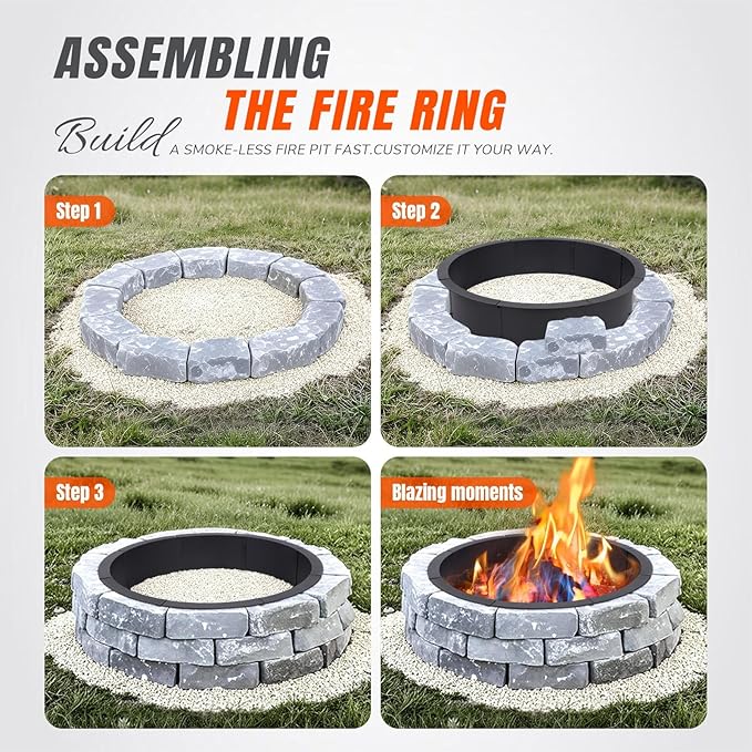 INNOSTAGE 36 Inch Fire Pit Ring (40 Inch Outer), Heavy Duty Steel Fire Ring for Outside, Large Round Fire Pit Insert, DIY Camping Fire Ring, Above or In-Ground, Black Carbon for Backyard Patio Bonfire