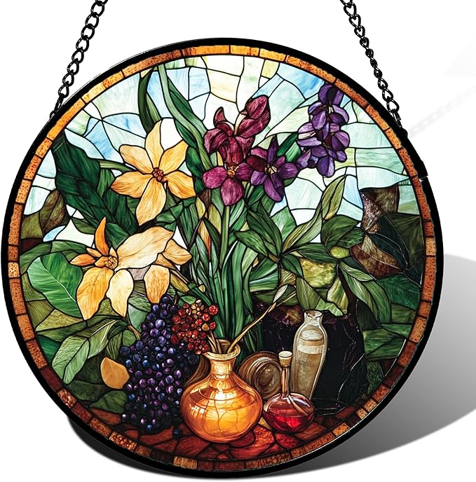 Stained Glass Window Hanging Berry Plant Purple Yellow Flowers in Vase Large 15" - Suncatcher Door Garden Sun Catcher Home Decor Birthday Christmas for Mom Men Woman Nana